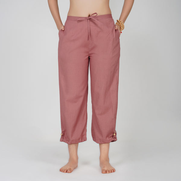 Women Cotton Yoga Pants with string pull Pink -Ananda