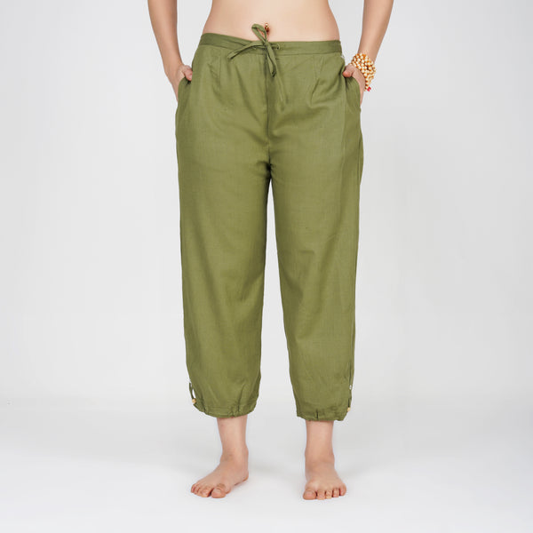 Women Cotton Yoga Pants with string pull Green -Ananda