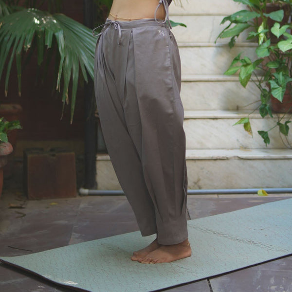 Tara Yoga Pants 100% Cotton Mid Waist Pants Elasticised Back Tapered Fit with box pleats - Muted Plum