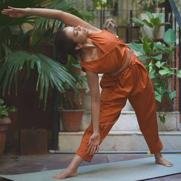 Tara Yoga Pants 100% Cotton Mid Waist Pants Elasticised Back Tapered Fit with box pleats - Sienna