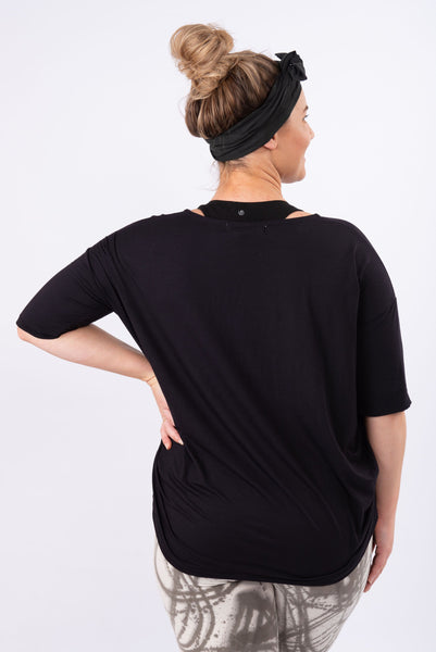 Long Pleated Tencel T-Shirt | Black